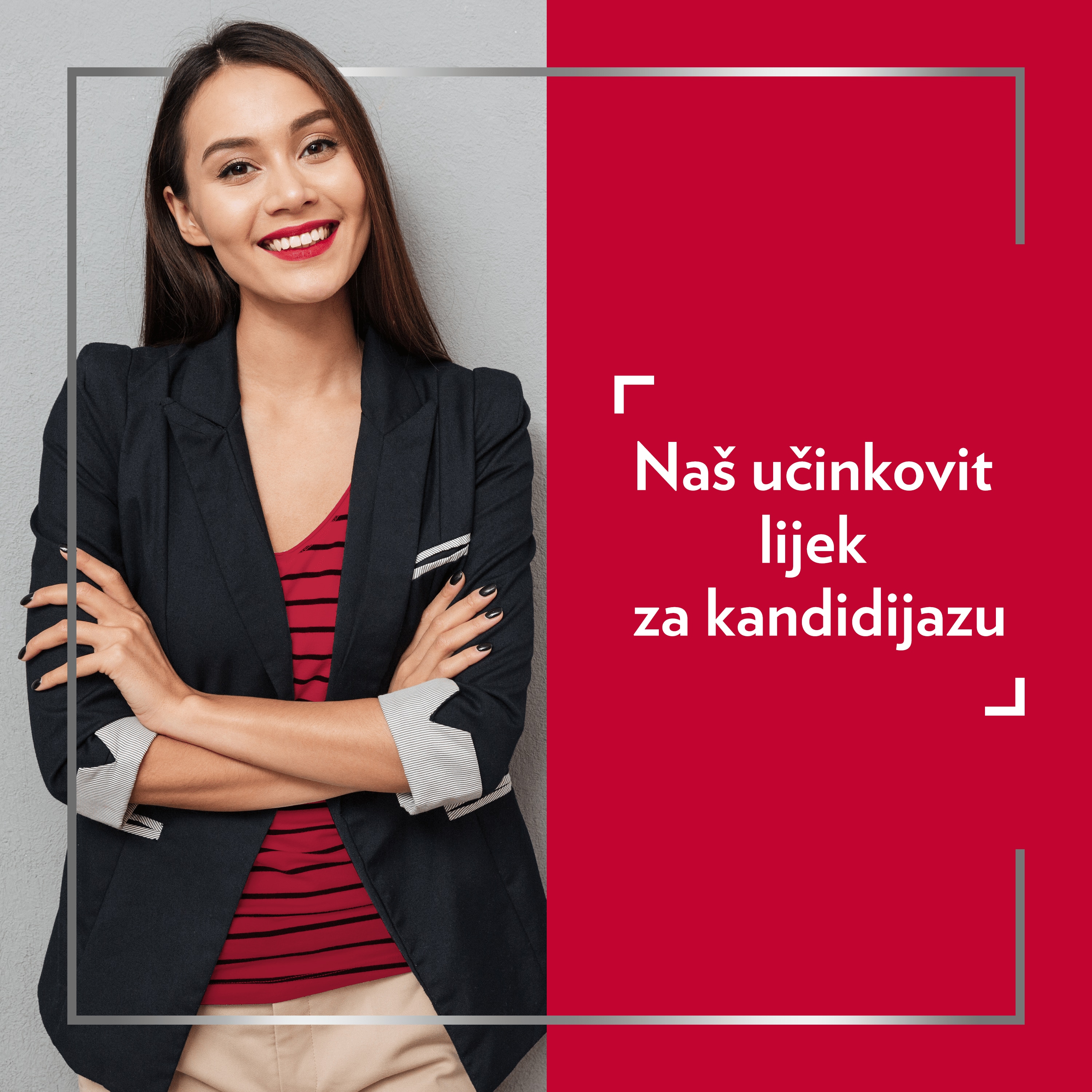 Nasmiješena mlada žena u elegantnoj odjeći stoji prekriženih ruku i sretna je nakon upotrebe lijeka Canesten®